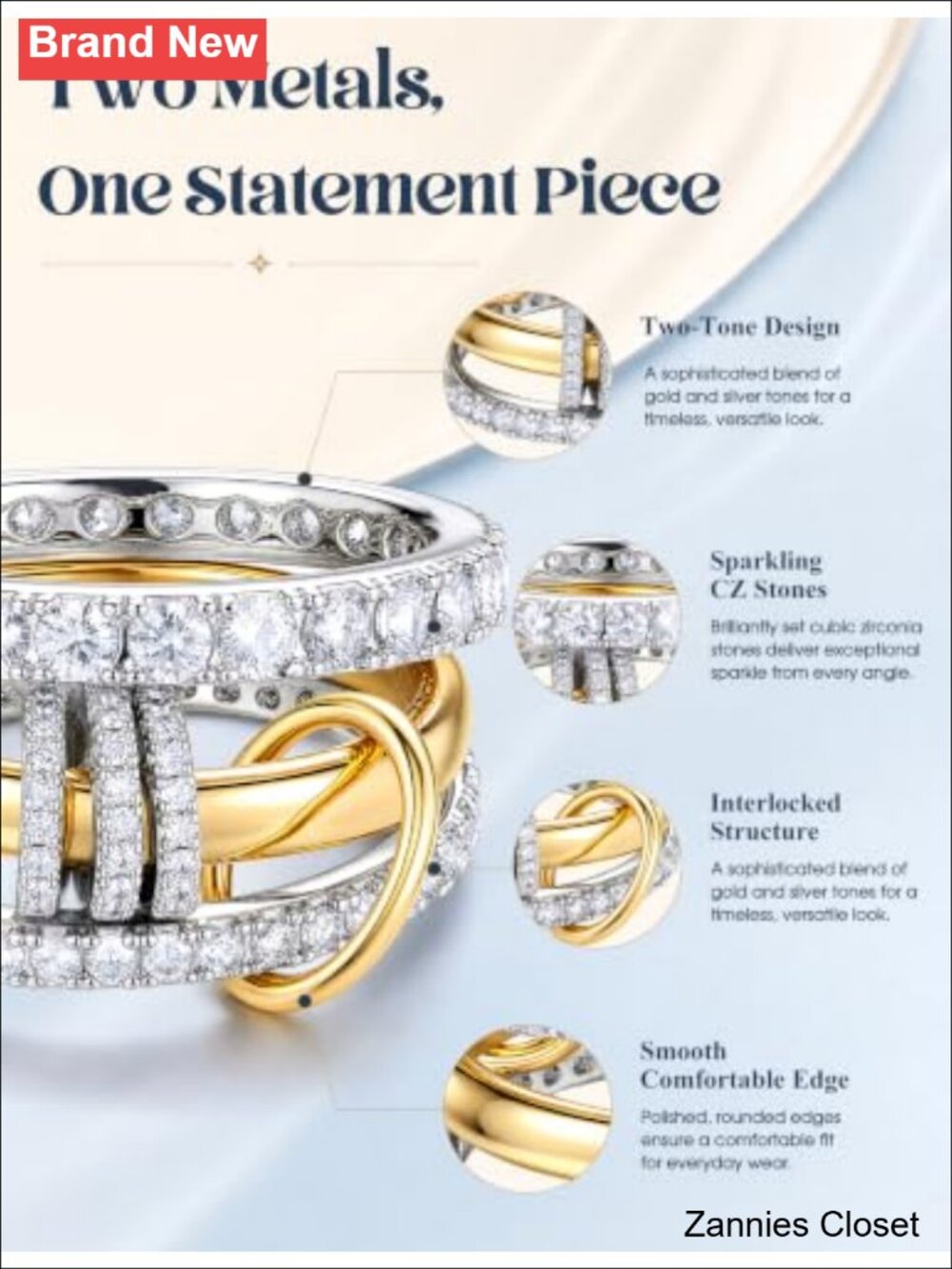 ๐ PATISORNA 18K Gold Plated Stackable Rings CZ Interlocked Bands - Picture 3 of 6